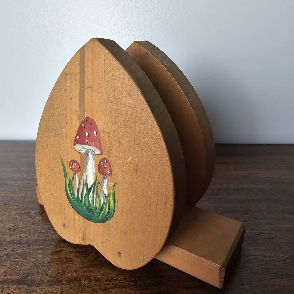 Handmade Hand-Painted Wooden Mushroom Napkin Holder Cottagecore Rustic Folk Art